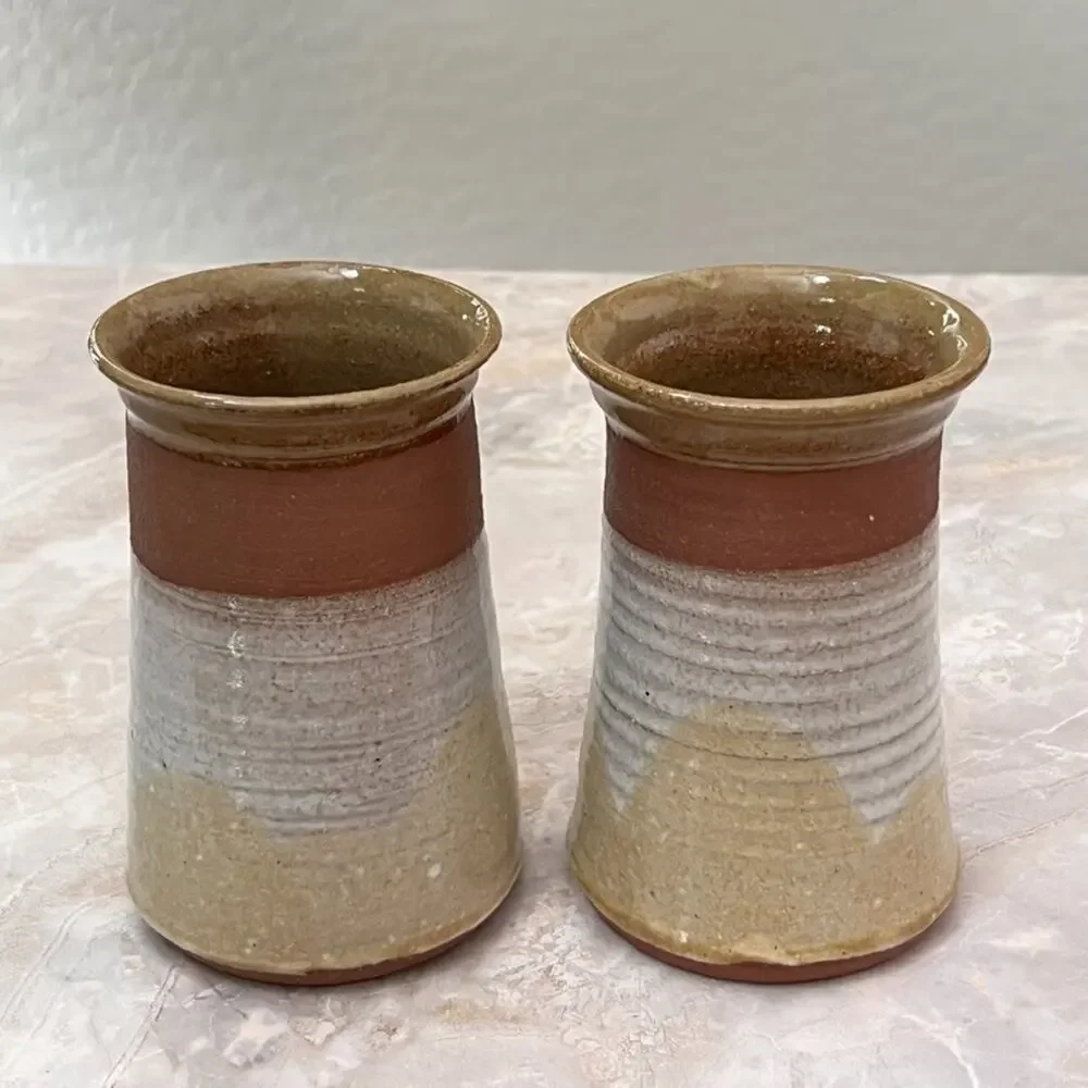 Studio Art Pottery Stoneware Tumbler Cups Artist Signed Pete Blahak 1982